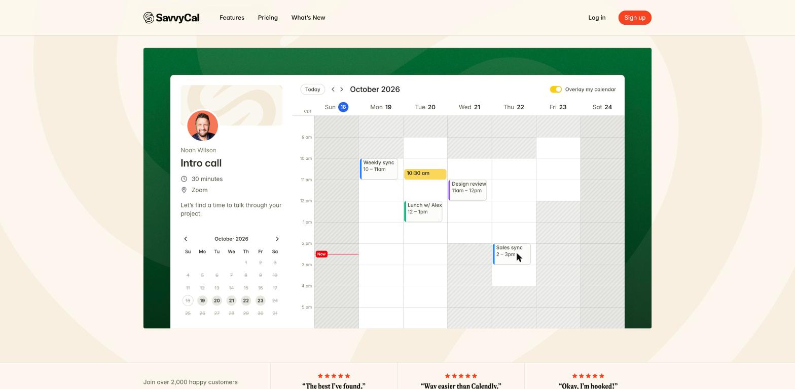 SavvyCal booking page showing an intro call in a full week view with available slots and an overlay my calendar toggle