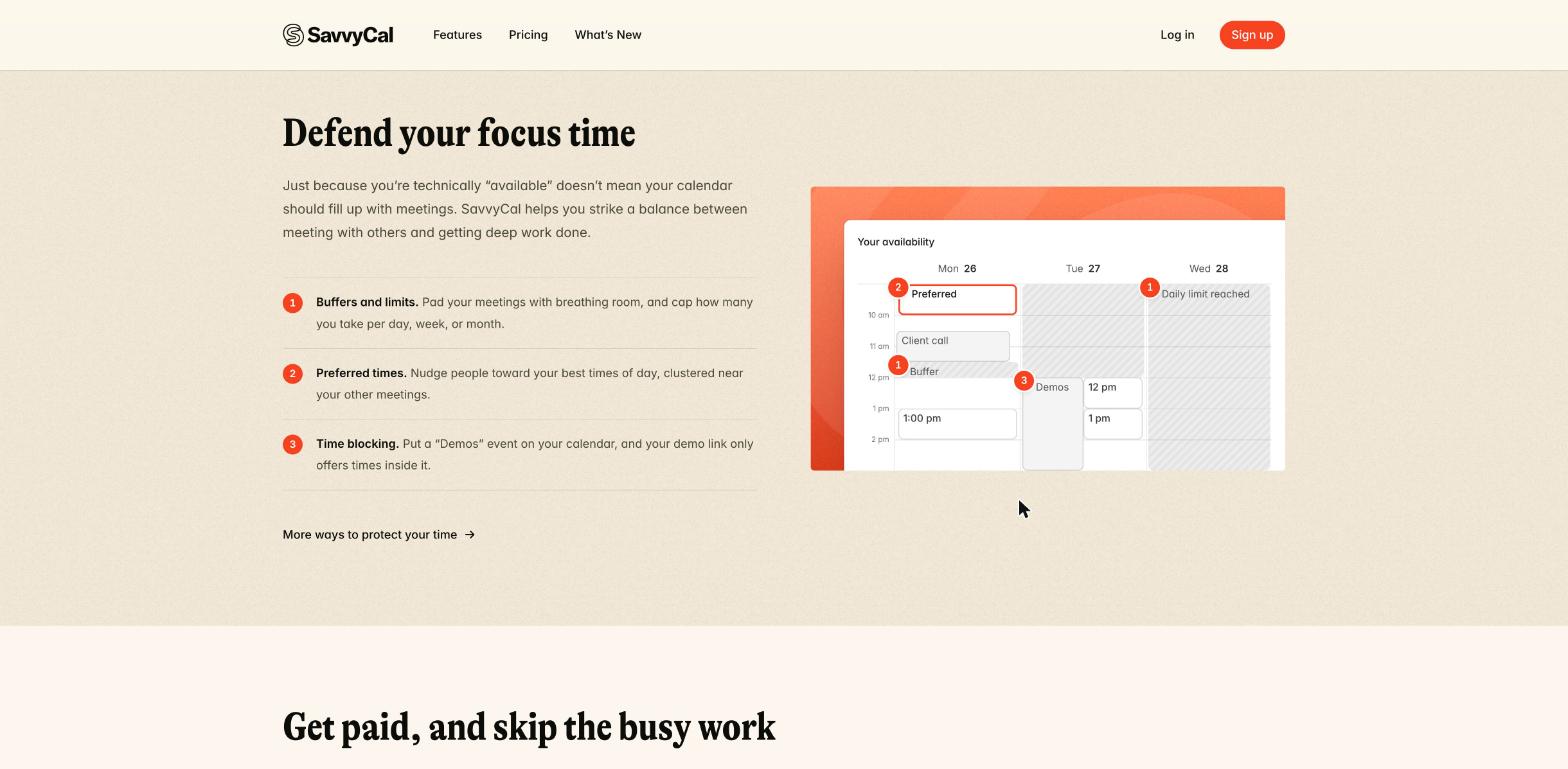 SavvyCal focus time features: buffers and limits, preferred times and time blocking shown on an availability calendar