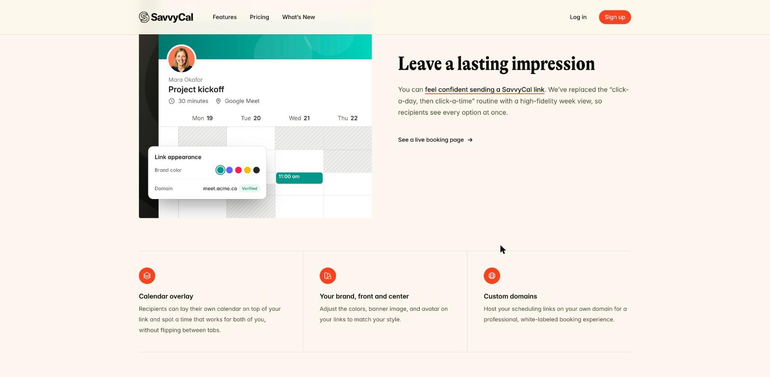 SavvyCal homepage section on calendar overlay, link branding with colors and avatar, and custom domains