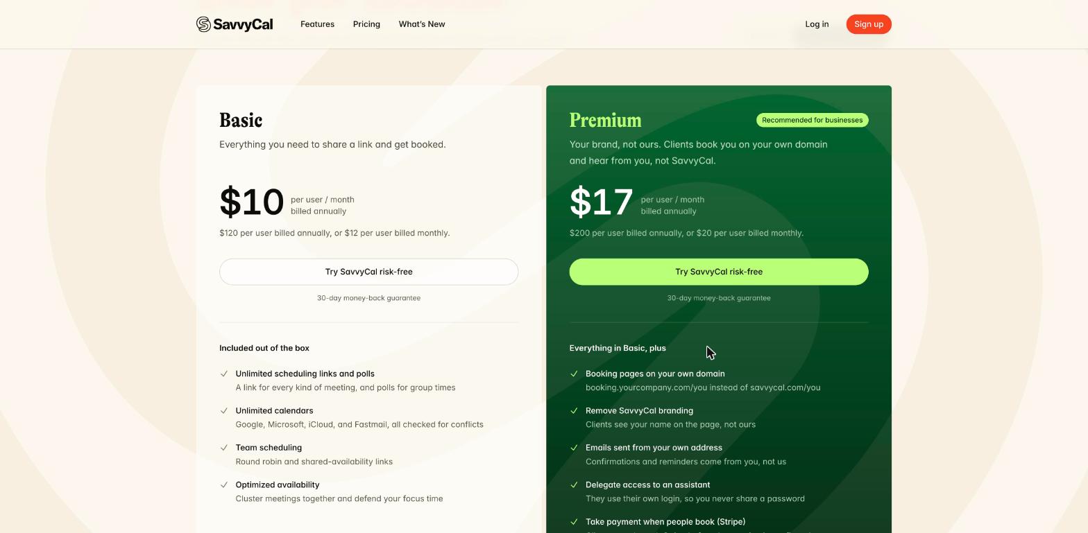 SavvyCal pricing page comparing Basic at 10 dollars and Premium at 17 dollars per user per month billed annually