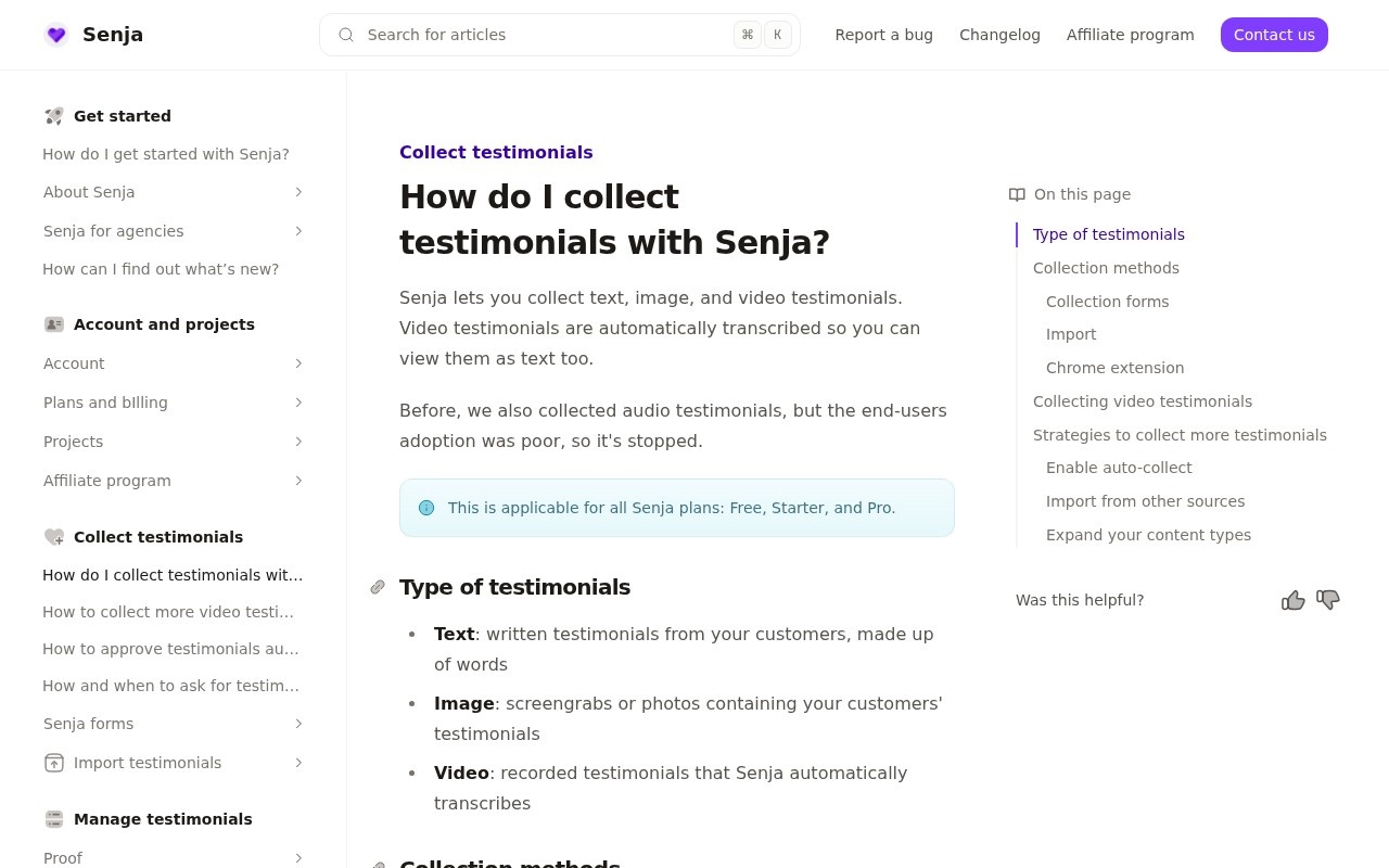 Senja help article on collecting testimonials with a form