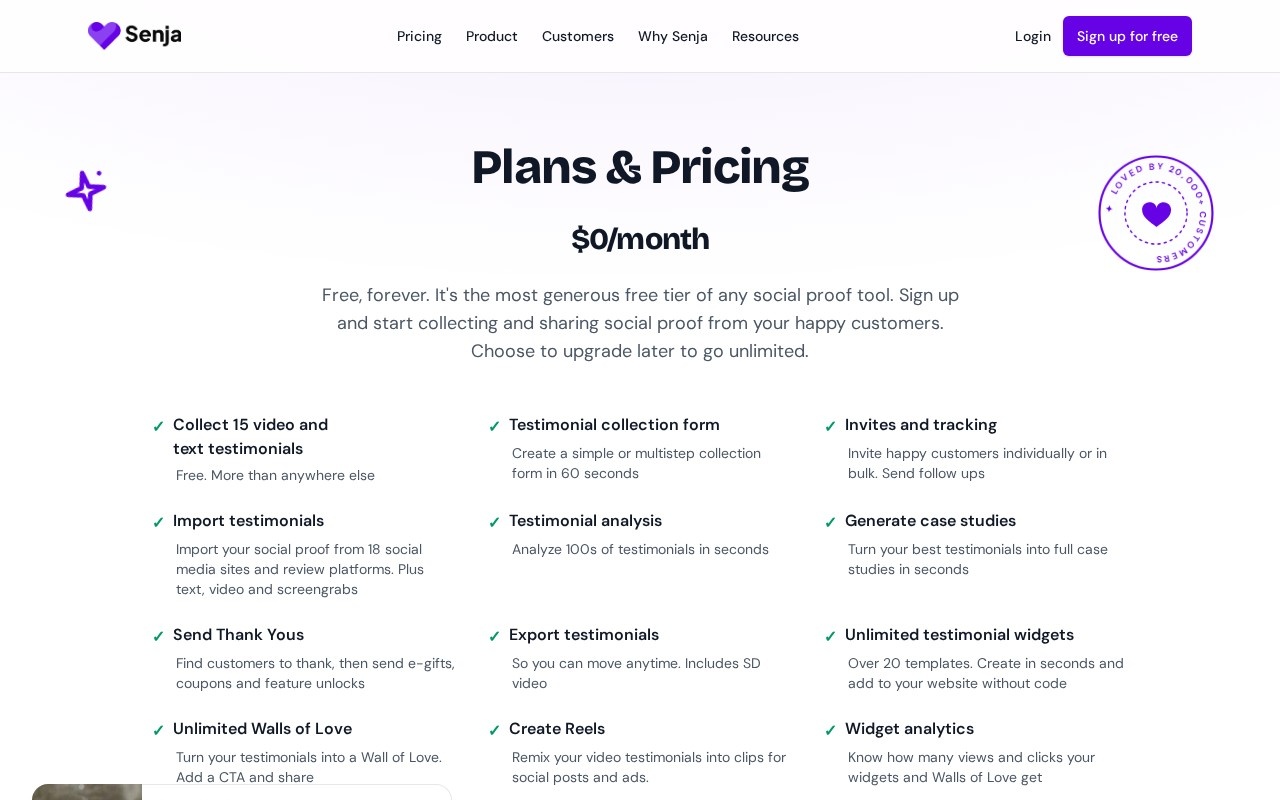 Senja pricing page with the free plan and Starter and Pro paid plans