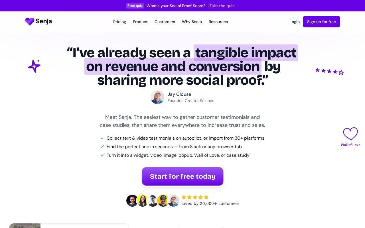 Senja homepage for collecting and sharing testimonials