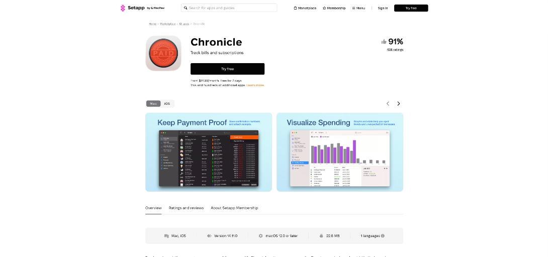 Chronicle bill and subscription tracker app page on Setapp showing payment proof and spending charts