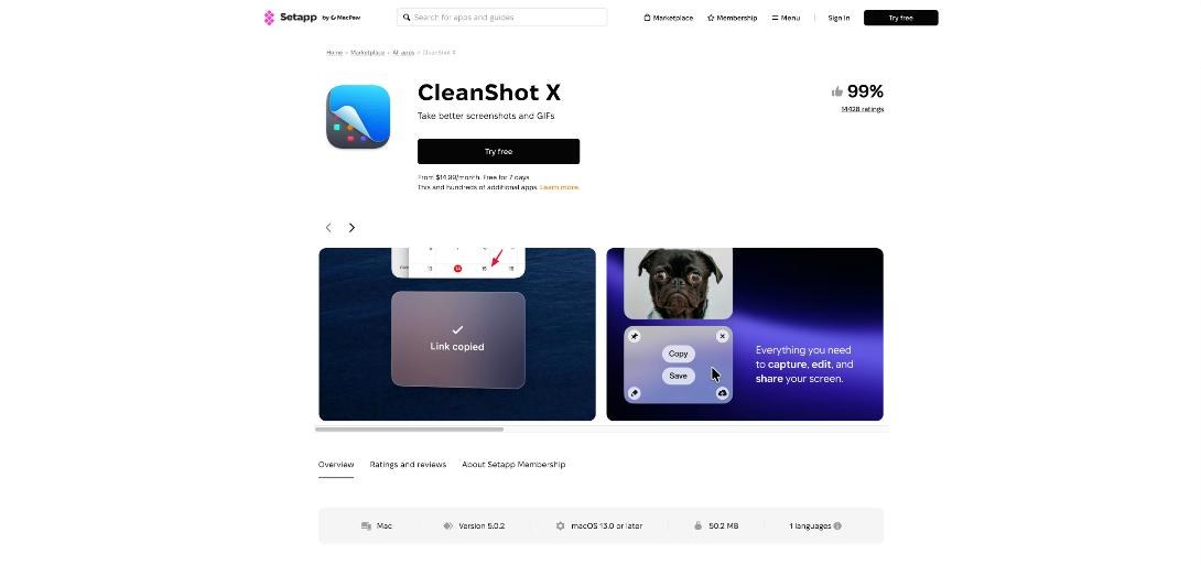 CleanShot X screenshot and screen recording app listing on Setapp