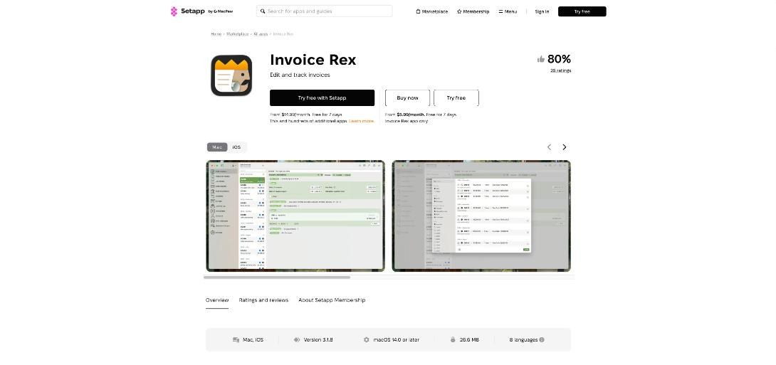 Invoice Rex invoicing app on Setapp with both membership and single-app purchase options