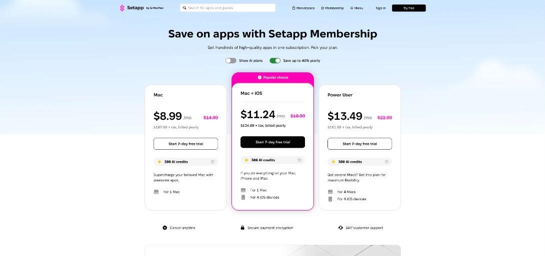 Setapp membership pricing page showing Mac, Mac plus iOS and Power User plans with yearly billing