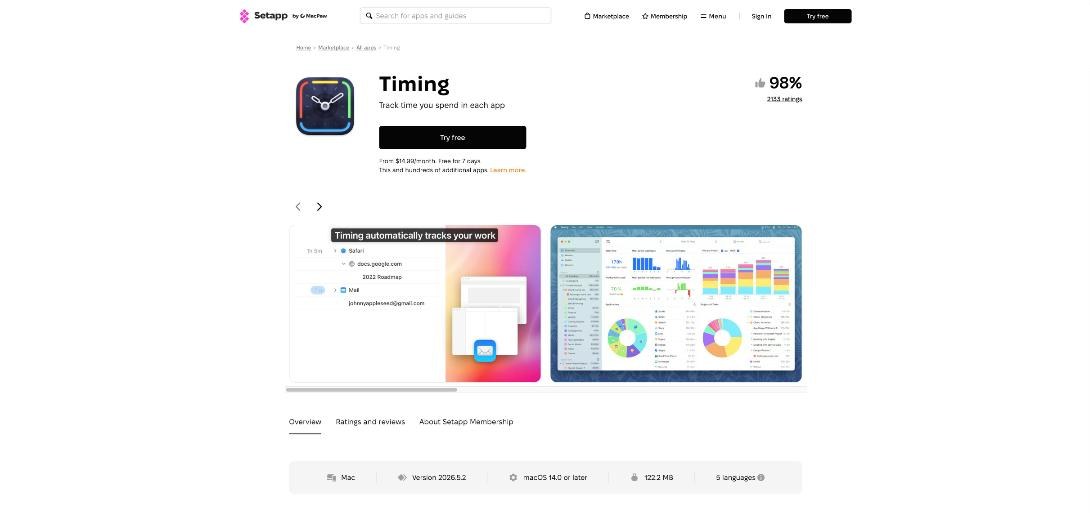 Timing automatic time tracker listing on Setapp with app usage charts