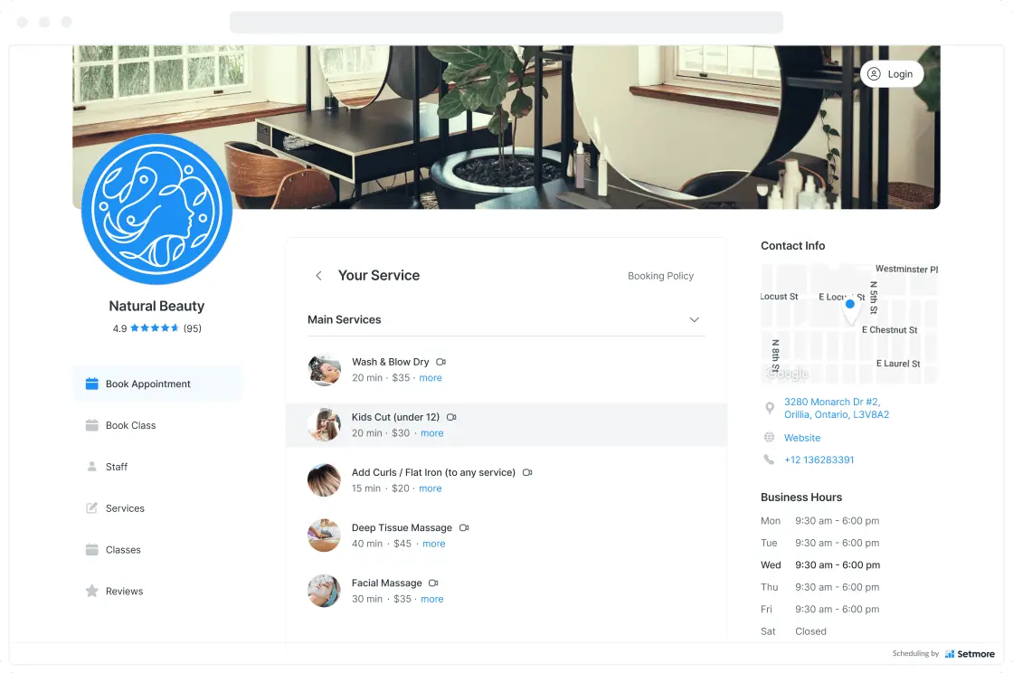 Official Setmore booking page example with a branded header, service list and booking calendar