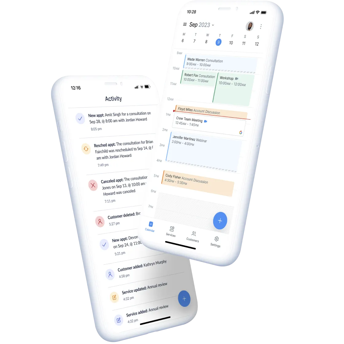 Official Setmore image of the scheduling app on two phones showing an appointment list and calendar