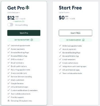 Setmore pricing page showing Get Pro at $12 per user per month on monthly billing next to Start Free at $0