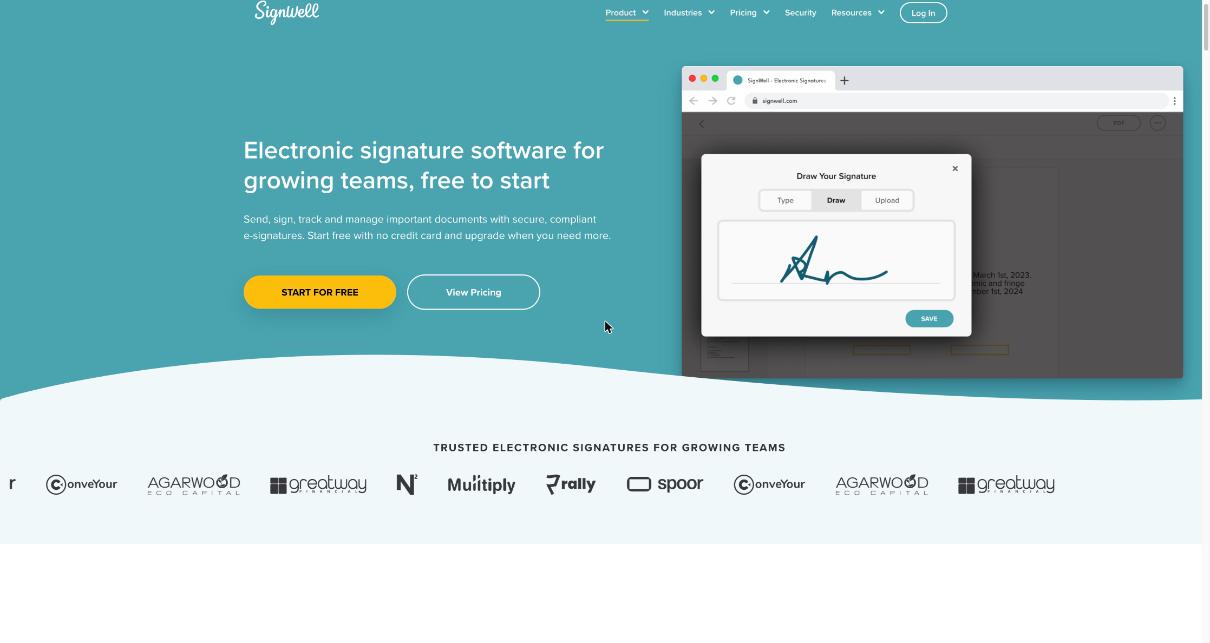 SignWell signing screen where a recipient can type, draw or upload a signature