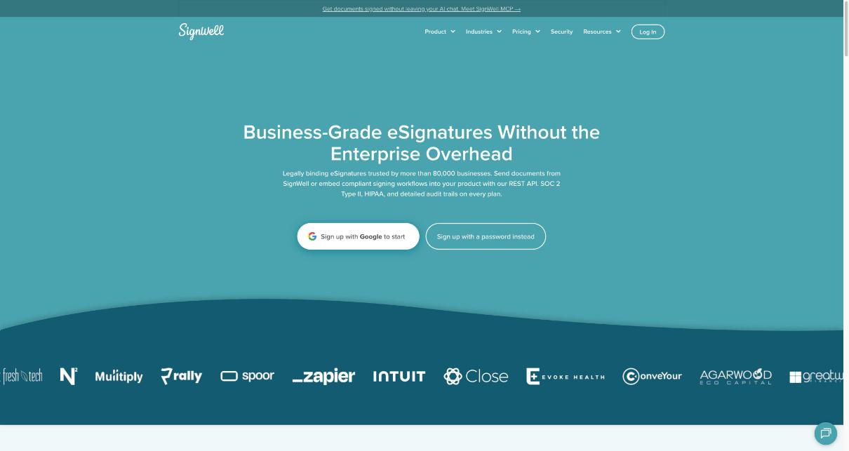 SignWell homepage offering business-grade eSignatures for growing teams