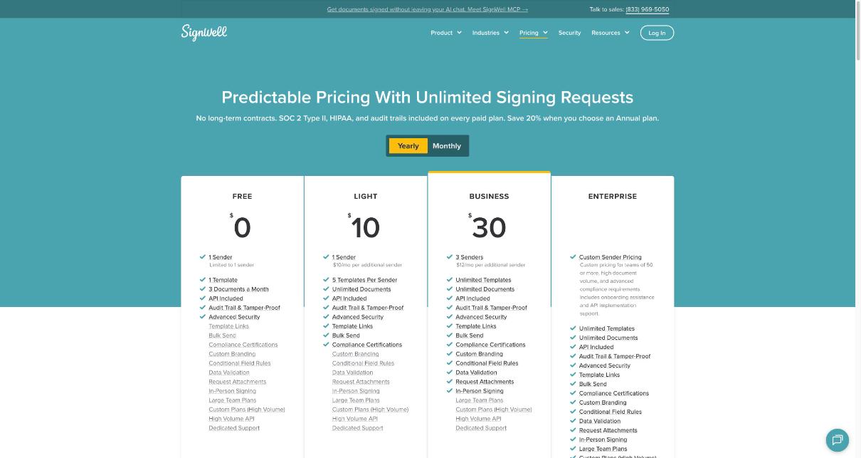 SignWell pricing page with Free, Light, Business and Enterprise plans