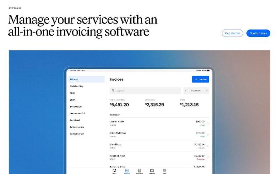 Square Invoices dashboard showing paid, outstanding and draft invoices