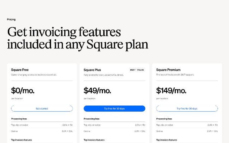 Square Invoices pricing page comparing Square Free, Square Plus and Square Premium