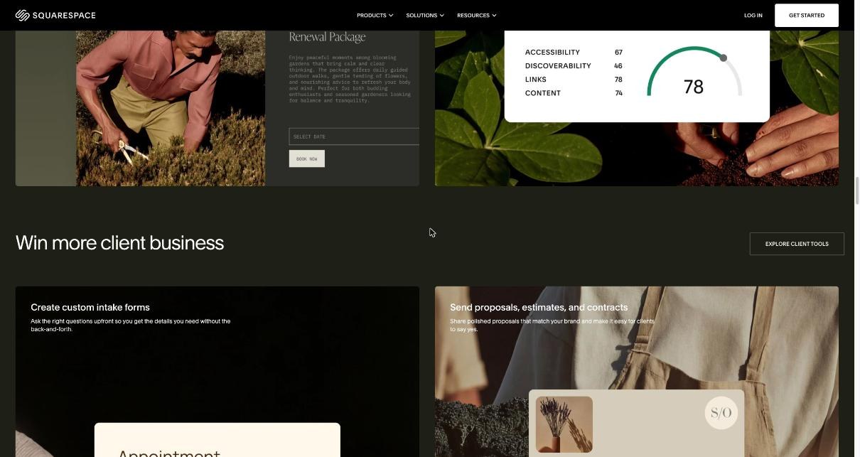 Squarespace client tools section showing custom intake forms and proposals, estimates and contracts