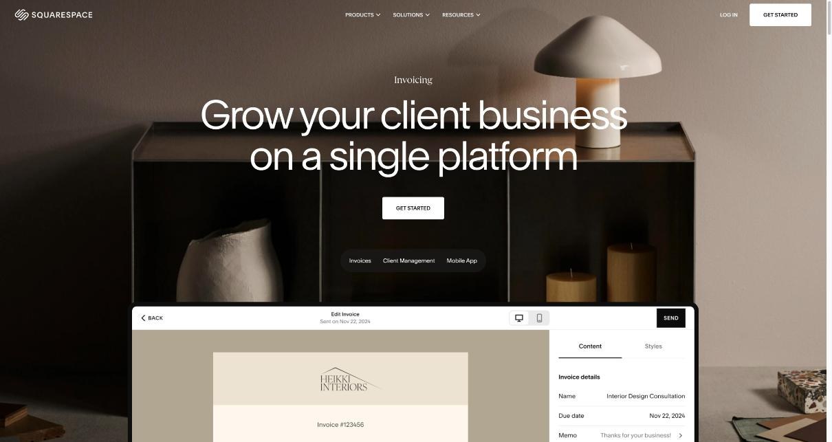 Squarespace invoicing page showing the invoice editor