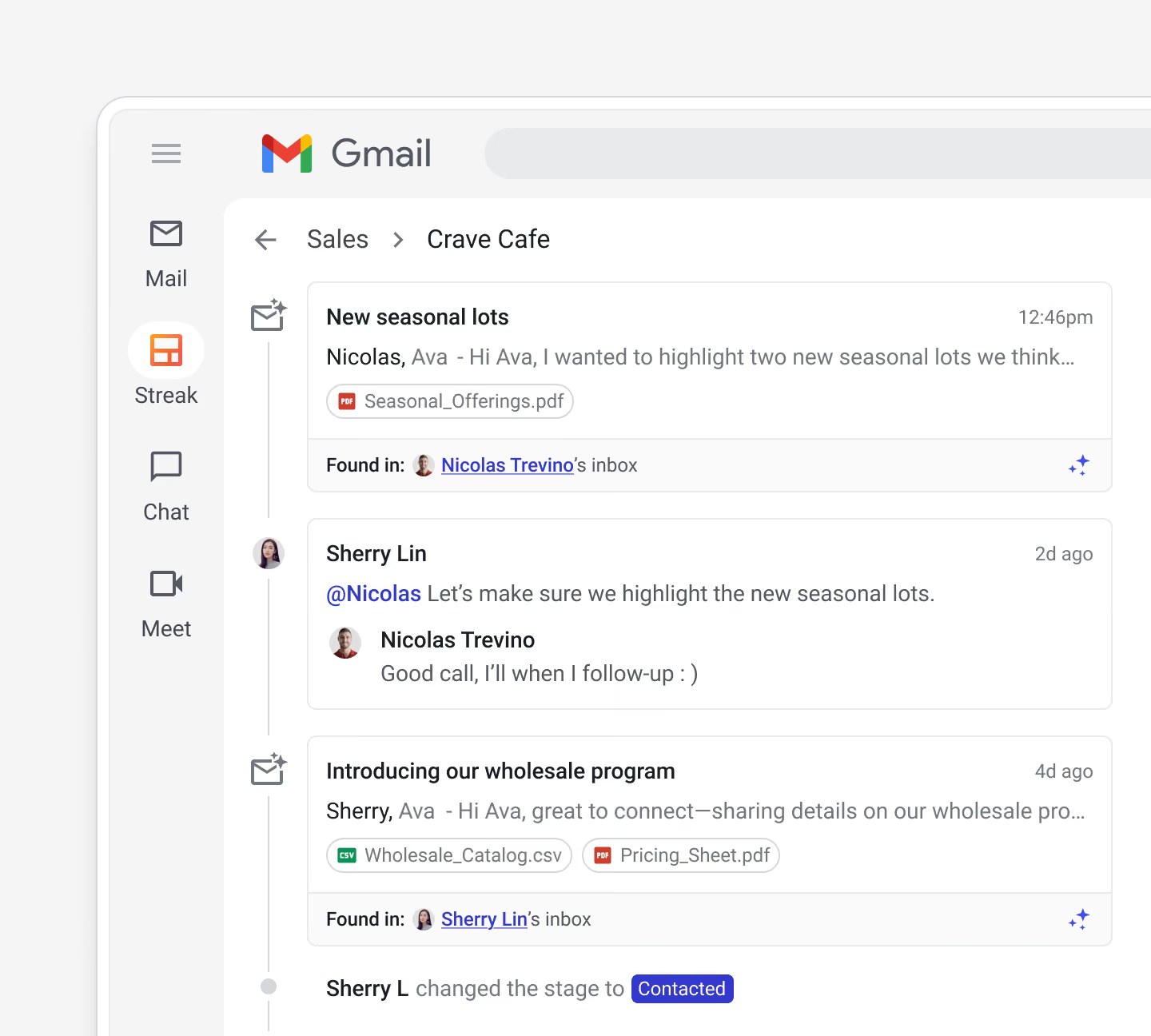 Streak deal timeline in Gmail showing emails and activity for one deal