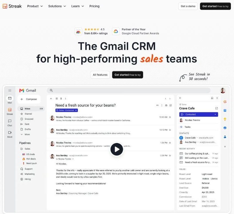 Streak homepage showing a Gmail inbox with Pipelines in the sidebar and a deal panel with stage, contacts and fields