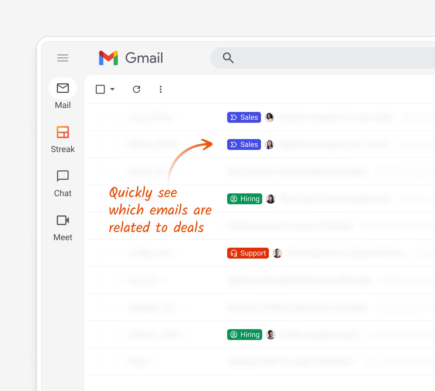 Gmail inbox with Streak pipeline and stage tags next to each email