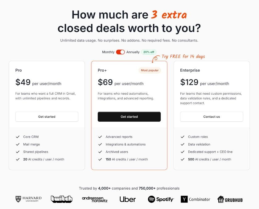 Streak pricing page showing Pro, Pro+ and Enterprise plans billed annually