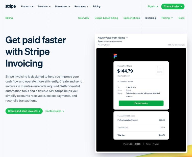 Stripe Invoicing page with an example emailed invoice and a Pay this invoice button