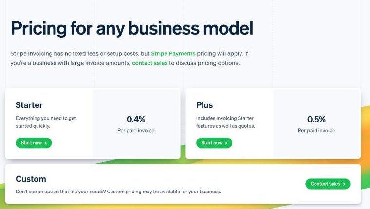 Stripe Invoicing pricing showing Starter at 0.4 percent and Plus at 0.5 percent per paid invoice