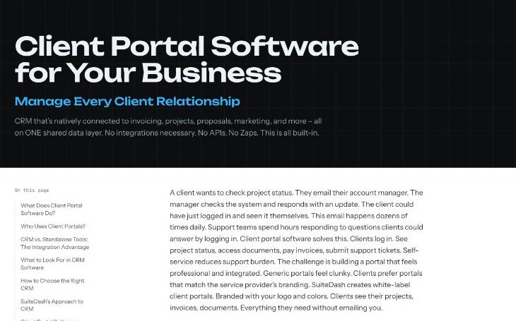 SuiteDash client portal software page explaining branded portals where clients see projects, invoices and documents