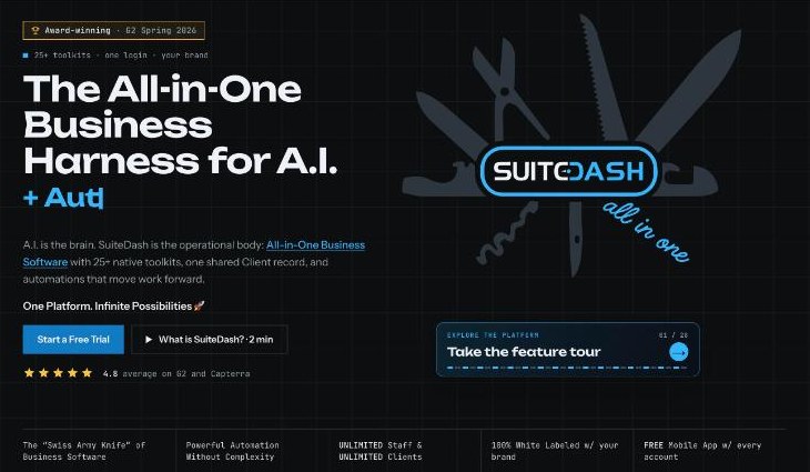 SuiteDash homepage describing all-in-one business software with 25+ toolkits