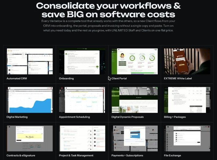SuiteDash toolkit tiles for CRM, onboarding, client portal, white label, proposals, billing, contracts and file exchange