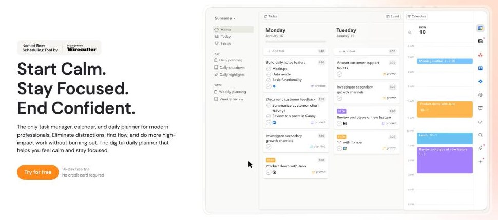 Sunsama home view with Monday and Tuesday task columns, channel tags on each task and a calendar showing timeboxed work