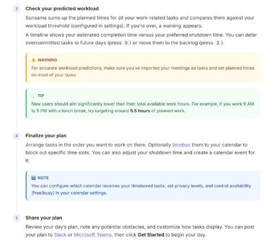 Sunsama user manual section on checking predicted workload, with a warning to import meetings and a tip to plan around 5.5 hours of work