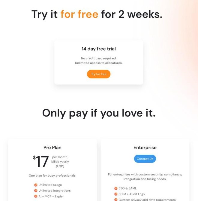 Sunsama pricing page with a 14-day free trial needing no credit card and the Pro Plan at 17 dollars per month billed yearly