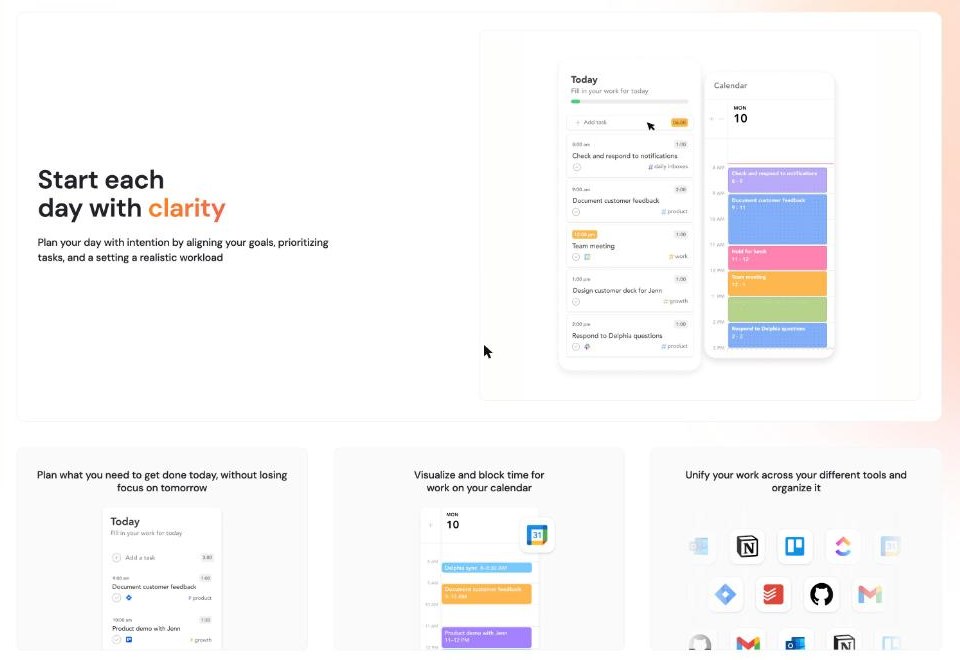 Sunsama Start each day with clarity section showing a Today task list with planned times beside a calendar of timeboxed tasks