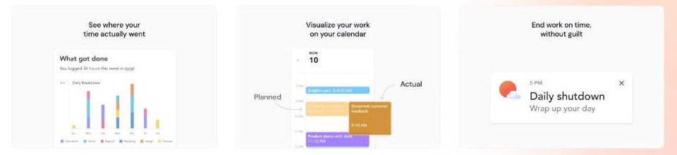 Sunsama features showing a weekly What got done chart of logged hours by day, planned versus actual calendar blocks and a daily shutdown prompt