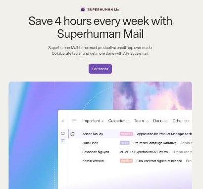 Superhuman Mail homepage headline saying save 4 hours every week with Superhuman Mail