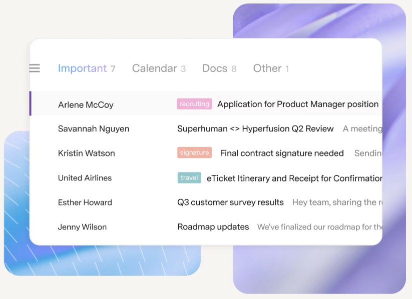 Superhuman Mail split inbox with Important, Calendar, Docs and Other tabs and labelled emails