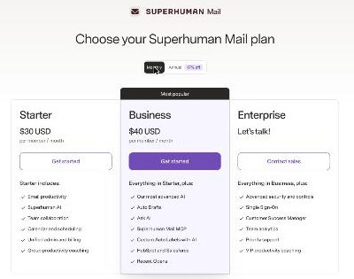 Superhuman Mail plan page showing Starter at 30 dollars and Business at 40 dollars per member per month on monthly billing
