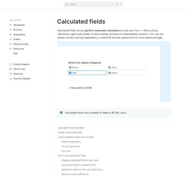 Tally help center article on calculated fields used for pricing calculators and dynamic pricing in payment forms