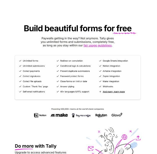 Tally pricing page listing free plan features such as payments, file uploads and conditional logic
