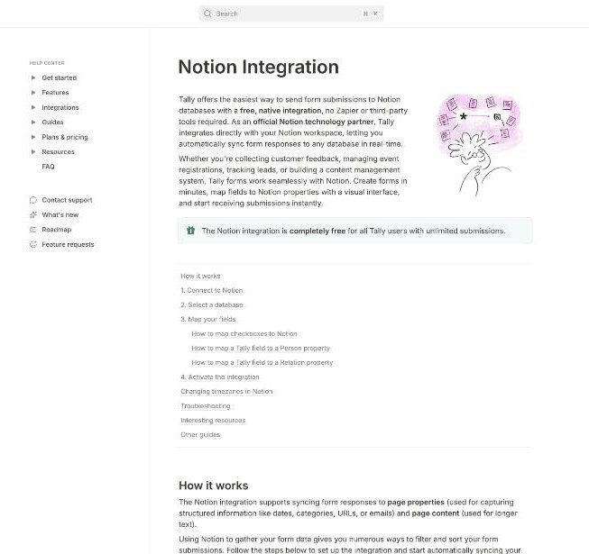 Tally help center article on the free native Notion integration for syncing form submissions to a database