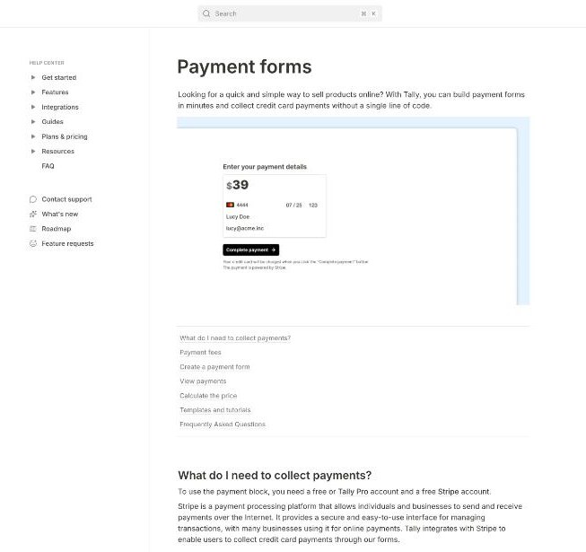 Tally help center article on payment forms showing a Stripe card payment block