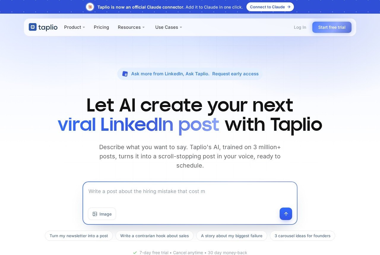 Screenshot of the Taplio homepage describing an AI tool to grow on LinkedIn