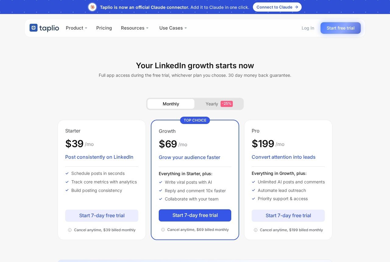 Screenshot of the Taplio pricing page showing Starter, Growth and Pro plans