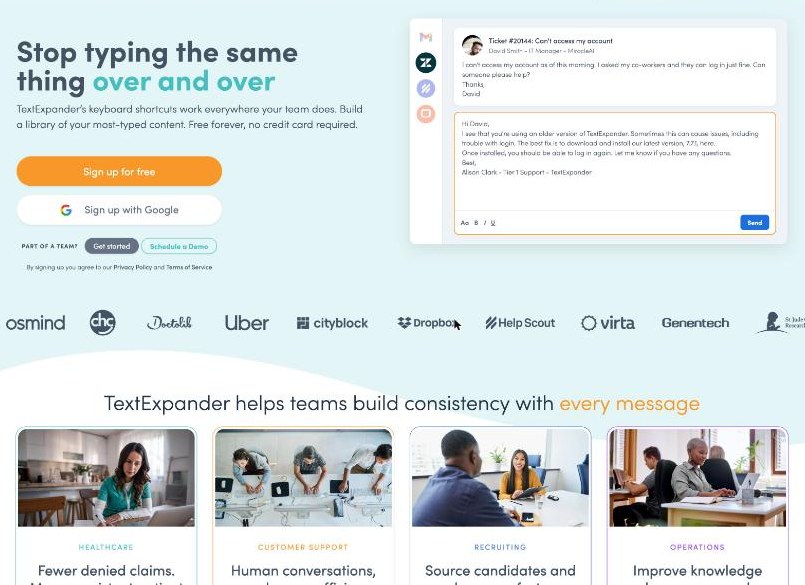 TextExpander homepage showing a Snippet expanding into a full support reply