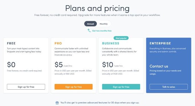 TextExpander pricing plans Free, Pro, Business and Enterprise with annual billing