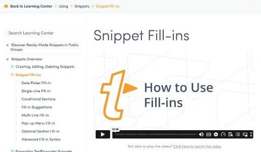 TextExpander Learning Center page explaining Snippet fill-ins