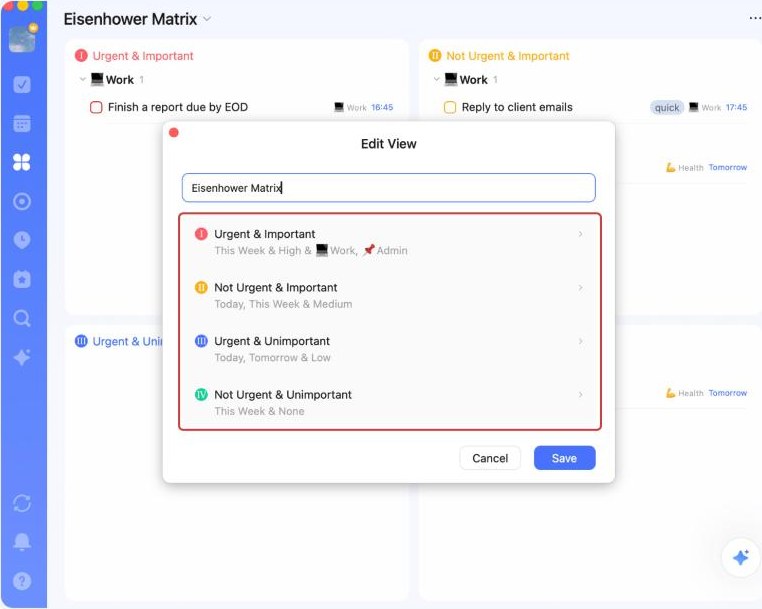 TickTick Edit View dialog showing custom rules for each Eisenhower Matrix quadrant