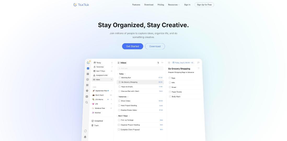 TickTick homepage showing the inbox and task list app
